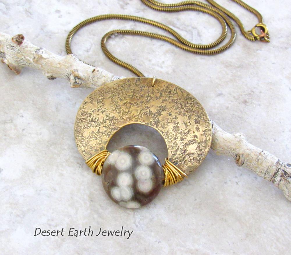 Ocean Jasper Gold Brass Pendant Necklace Artisan Handmade One of a Kind Natural Stone Jewelry